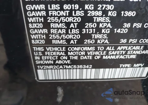 2021 Volkswagen Atlas 3.6L V6 Se W/Technology R-Line z USA, uszkodzony, nr VIN 1V2NR2CA7MC535342